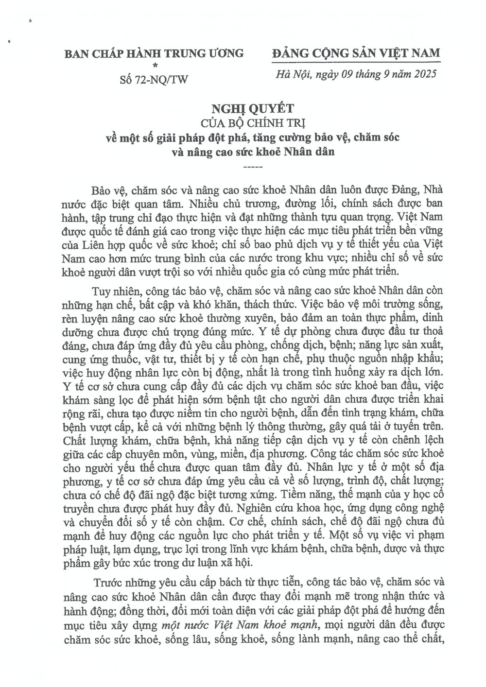 Nghị quyết 72-NQ/TW của Bộ Chính trị về một số giải pháp đột phá, tăng cường bảo vệ, chăm sóc và nâng cao sức khỏe nhân dân